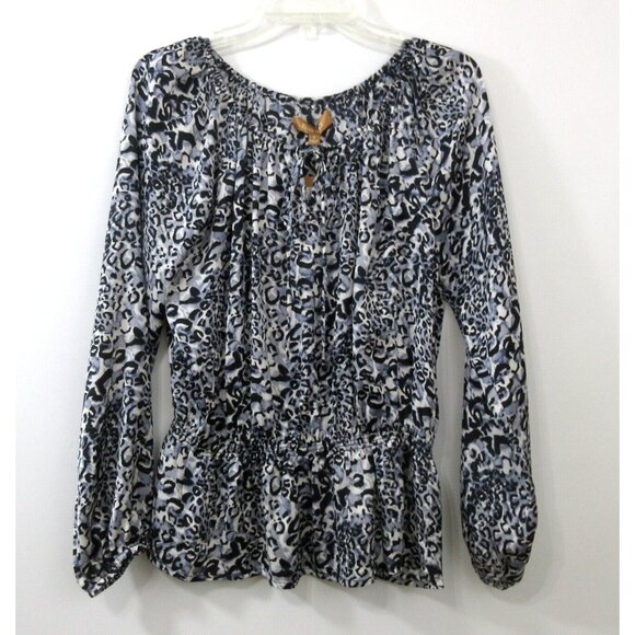 Ellen Tracy Womens Blouse Small Black Animal Print Gathered Peplum Silky Keyhole - Picture 1 of 10